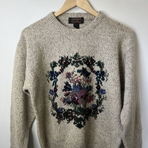 Vintage Eddie Bauer Wool Sweater Large Crewneck Floral Knit Boho Cottagecore - Picture 6 of 6